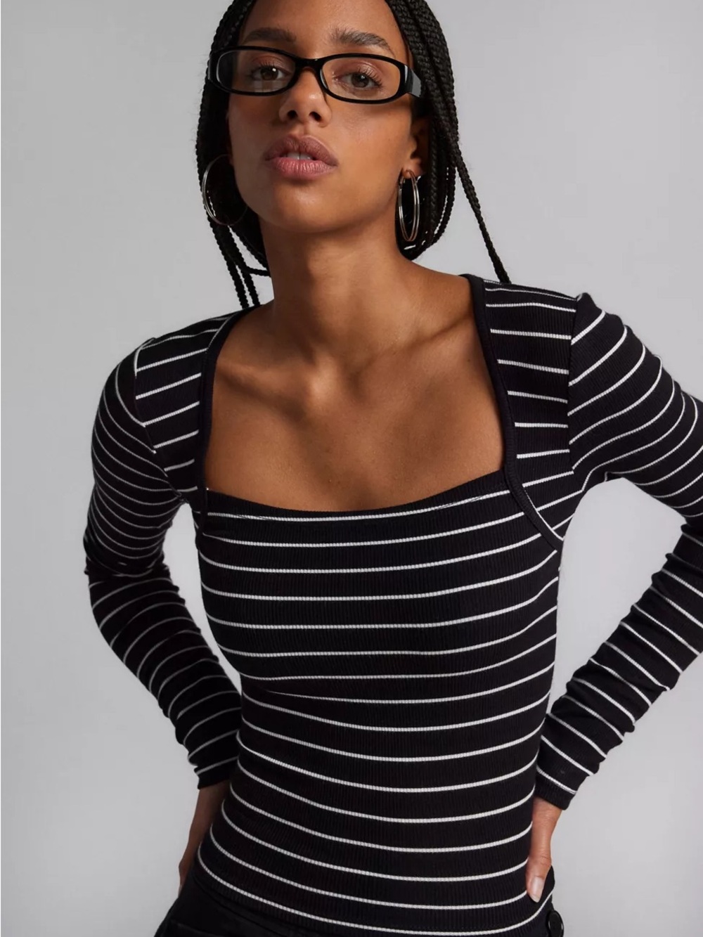 Silence + Noise Brody Stripe Shrug Top S Black White Square Neck Y2K Indie